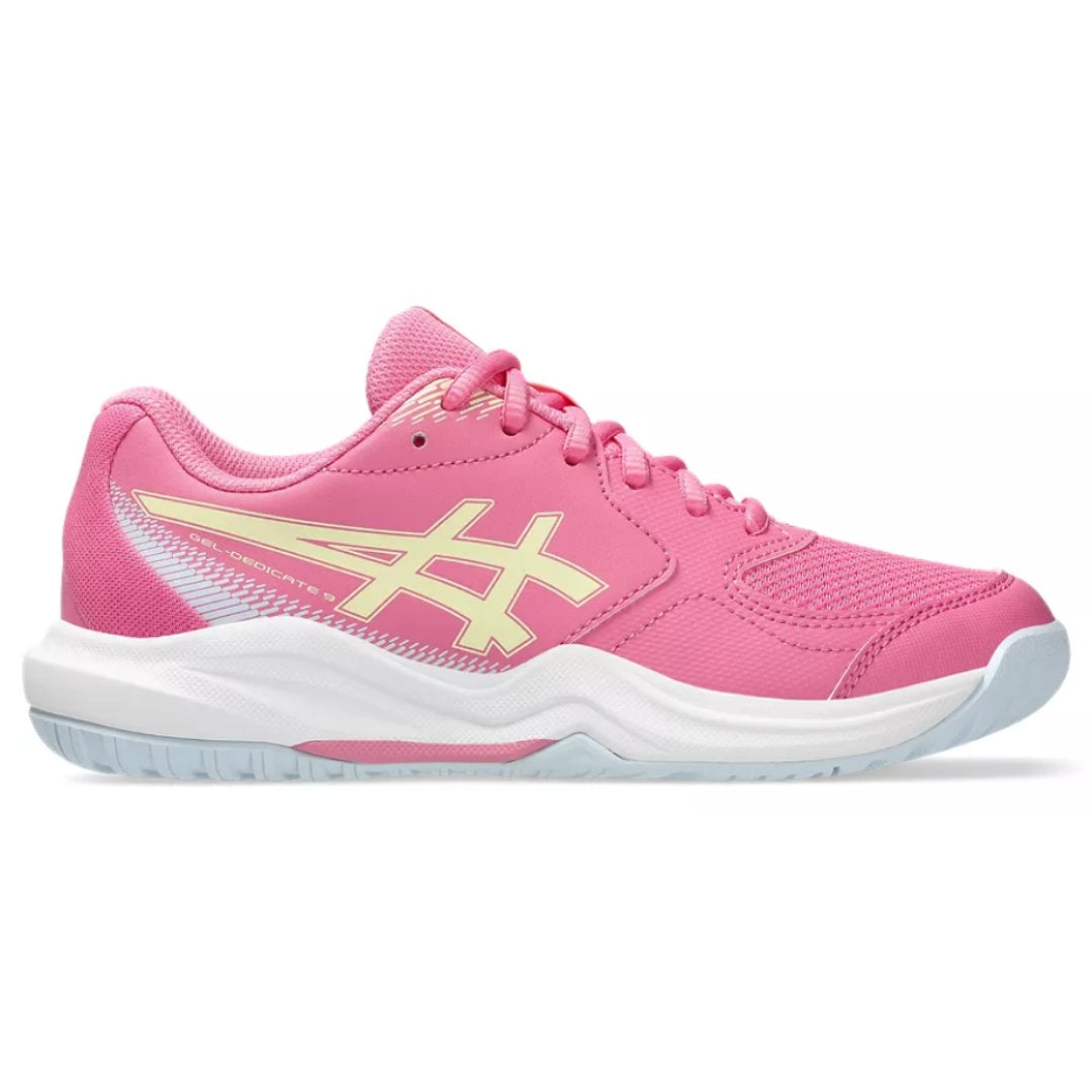 ASICS GEL-DEDICATE 9 GS lasten sisäliikuntakengät värissä pinkki-valkoinen ja keltainen.
