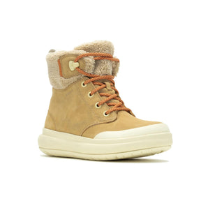 Merrell Marquette Thermo Lace Waterproof on lämmin ja vedenpitävä naisten talvikenkä, joka sopii talven arkikäyttöön, kaupunkikävelyille ja ulkoiluun. Tyylikäs mokkanahkainen päällinen yhdistyy lämpimään fleecevuoriin, eristykseen ja pehmeään askeltuntumaan.