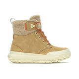 Merrell Marquette Thermo Lace Waterproof on lämmin ja vedenpitävä naisten talvikenkä, joka sopii talven arkikäyttöön, kaupunkikävelyille ja ulkoiluun. Tyylikäs mokkanahkainen päällinen yhdistyy lämpimään fleecevuoriin, eristykseen ja pehmeään askeltuntumaan.